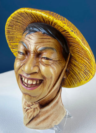 READY Bosson Like Chalkware Head of Smilling Asian Man in Yellow Hat. Life Like Caricature of Coolio. Ethnic Wall Hanging. Collectible Bust.