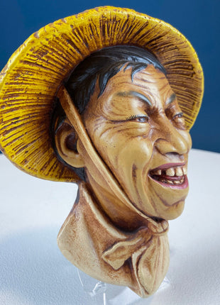 READY Bosson Like Chalkware Head of Smilling Asian Man in Yellow Hat. Life Like Caricature of Coolio. Ethnic Wall Hanging. Collectible Bust.