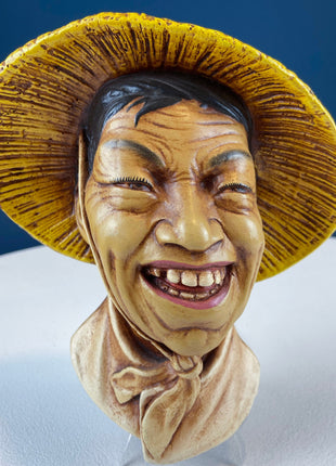 READY Bosson Like Chalkware Head of Smilling Asian Man in Yellow Hat. Life Like Caricature of Coolio. Ethnic Wall Hanging. Collectible Bust.