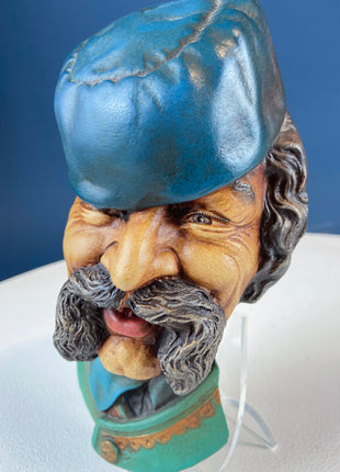 READY Vintage Chalkware Head of Montanegrin Man in Blue Hat. Life Like Caricature of Man in Mustache. Ethnic Wall Hanging. Collectibl