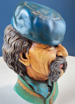 READY Vintage Chalkware Head of Montanegrin Man in Blue Hat. Life Like Caricature of Man in Mustache. Ethnic Wall Hanging. Collectibl