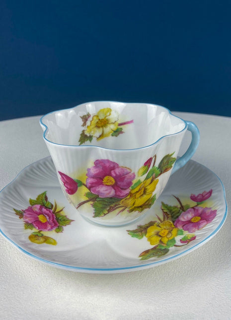 Antique Shelley Cup and Saucer with Light Blue Flowers and Handle. Beautiful, Fine Porcelain. Blue Rock Pattern. French Country Living.