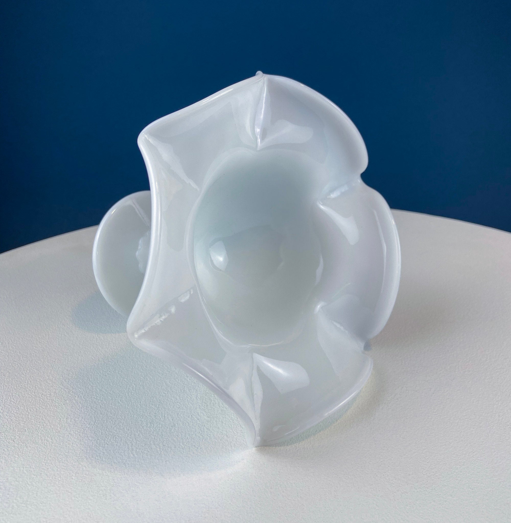 Scalloped Ruffled Rim Milk Glass Footed Bowl Shaped like Hibiscus. White Glass Compote with ...
