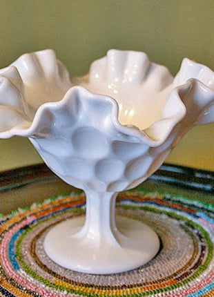 Milk Glass Footed Bowl Shaped like Hibiscus. White Glass Compote with Hobnail Pattern and Scalloped/Ruffled Rim. Serving Dish. Trinket Dish.