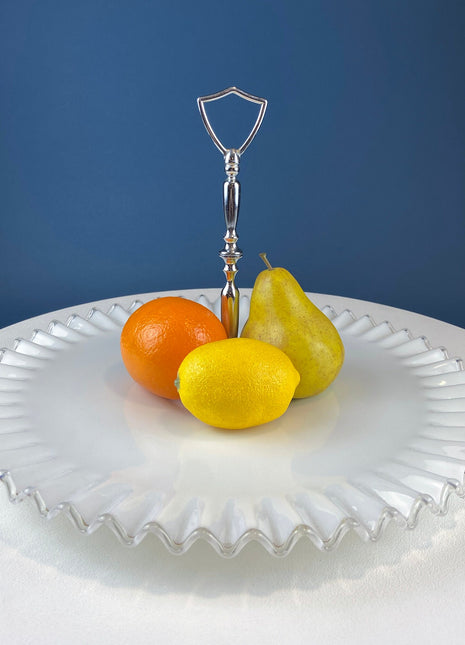 Huge Vintage Fenton Silver Crest Milk Glass Sweets Serving Stand with Silver Handle. White Bakery Serving Dish with Clear Ruffled Edge.