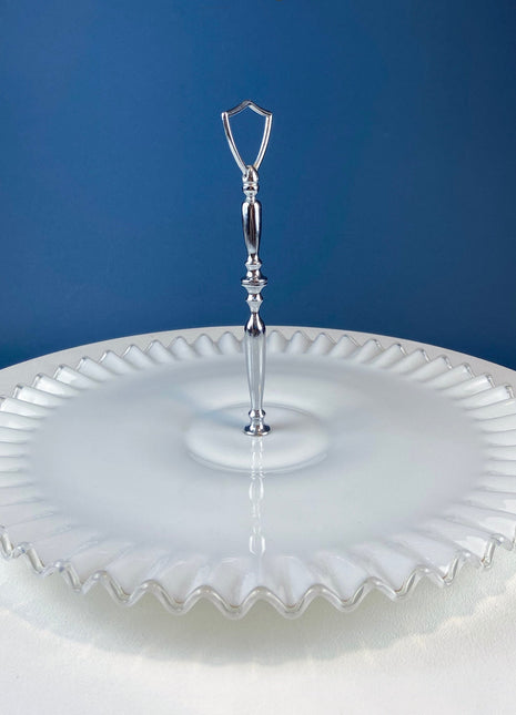 Huge Vintage Fenton Silver Crest Milk Glass Sweets Serving Stand with Silver Handle. White Bakery Serving Dish with Clear Ruffled Edge.