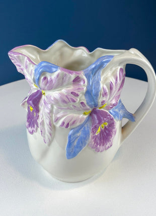 Ceramic Pitcher Jug with 3-D Orchids or Irises. Flower Vase with Floral Motif. White and Pastels. Table Centerpiece. Dining Room Decor.