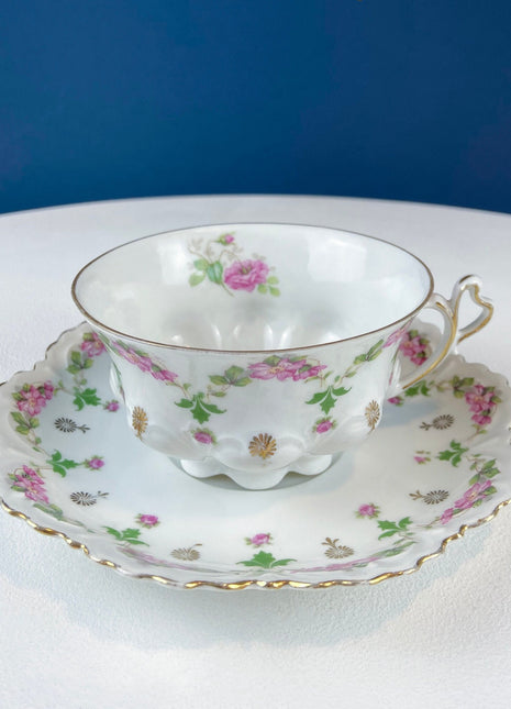 Light Weight Porcelain Cup and Saucer. M&K Austria. Delicate Rose Garlands and Scalloped Edges. Heart Shaped Handle. Gift for Her.