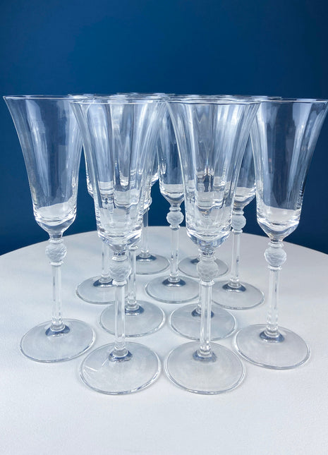 Crystal Champagne Glasses with Ball Stem. Enchantress by Mikasa. Frosted Ball Shaped like Berries & Leaves. Set of 11. Beautiful Ping.