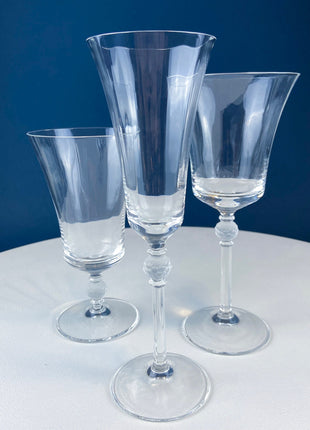 Crystal Champagne Glasses with Ball Stem. Enchantress by Mikasa. Frosted Ball Shaped like Berries & Leaves. Set of 11. Beautiful Ping.