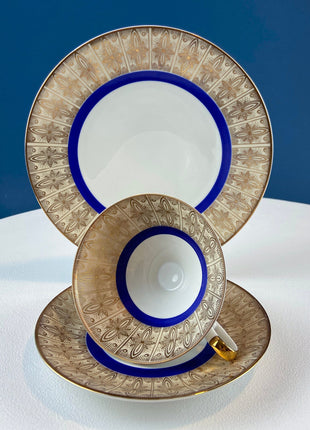 Antique Bavarian Porcelain Tea Trio. Z and Co, Tirschenreuther. Cup, Saucer, and Dessert Plate in Rich Gold and Blue. Modern Floral Pattern.