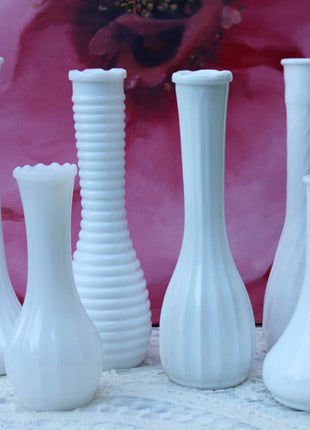 Short and Tall Milk Glass Flutes. Collection of Six Mixed Vases for Floral Arrangements. Wedding Decor. Elegant Geometrical Pattern.