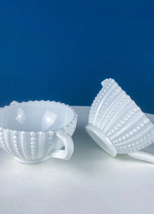 Milk Glass Sea-Urchins Creamer and Sugar. Nautical Themed White Serving Dishes/Accessories. Set of Two. Vacation, Tropical, 2nd Home.