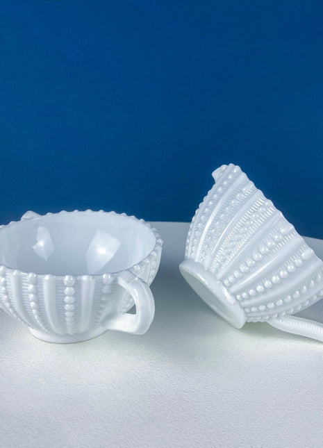 Milk Glass Sea-Urchins Creamer and Sugar. Nautical Themed White Serving Dishes/Accessories. Set of Two. Vacation, Tropical, 2nd Home.
