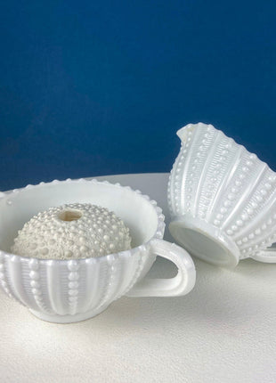 Milk Glass Sea-Urchins Creamer and Sugar. Nautical Themed White Serving Dishes/Accessories. Set of Two. Vacation, Tropical, 2nd Home.