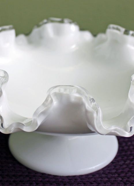 Milk Glass Footed Bowl with Silver Crest Ruffled Edge Design. Collectible Milk Glass by Fenton.