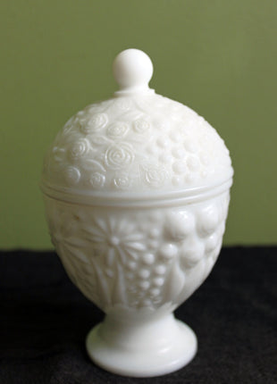 Milk Glass, Egg Shaped Jar with Lid - Ornate Floral Design