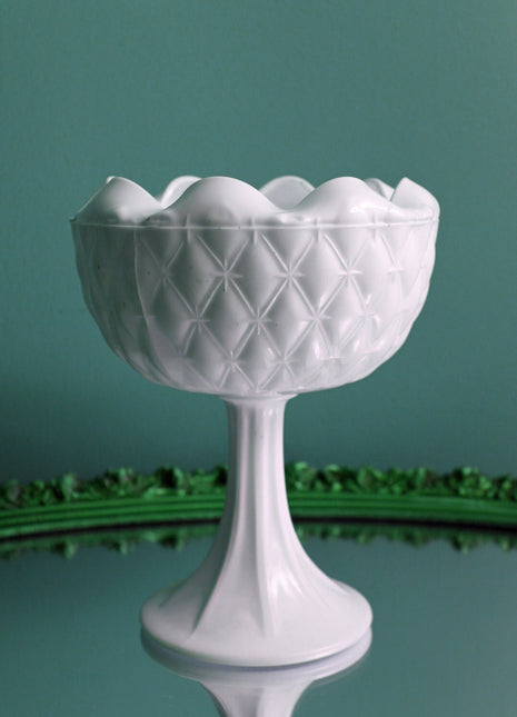 Milk Glass Footed Planter. Bowl with Scolloped Rim and Star Diamond Pattern - Milk Glass Weddings Center Piece