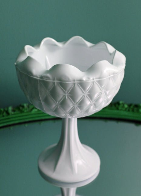 Milk Glass Footed Planter - Bowl with Scolloped Rim and Star Diamond Pattern