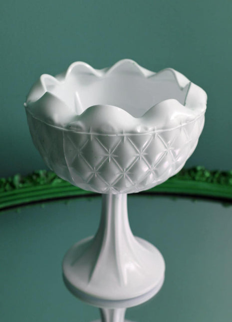 Milk Glass Footed Planter. Bowl with Scolloped Rim and Star Diamond Pattern - Milk Glass Weddings Center Piece