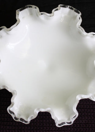 Milk Glass Footed Bowl with Silver Crest Ruffled Edge Design. Collectible Milk Glass by Fenton.