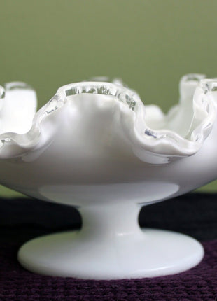 Milk Glass Footed Bowl with Silver Crest Ruffled Edge Design. Collectible Milk Glass by Fenton.