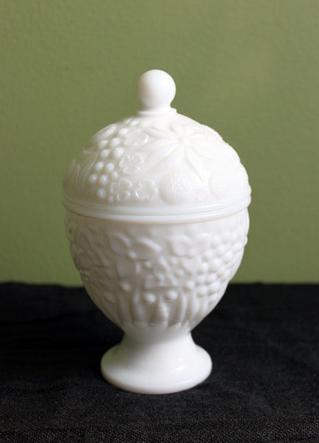 Milk Glass, Egg Shaped Jar with Lid - Ornate Floral Design