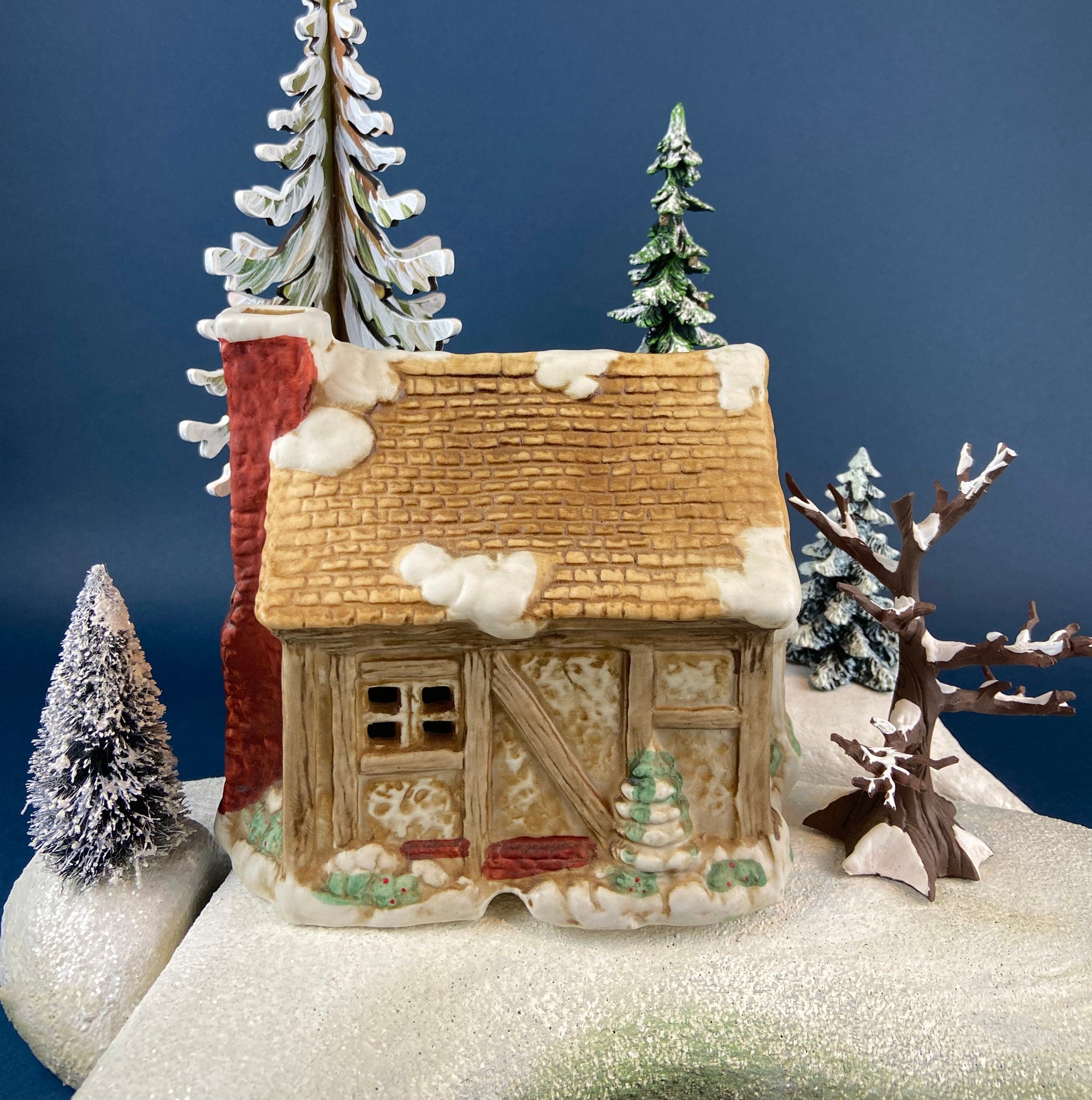 Christmas Village Rustic Cottage/Cabin with Boy & Dogs Figurine