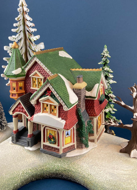 Porcelain Illuminated Red Victorian with Green Roof. Christmas Village Porcelain Building. Enchanted Holiday Decor. Home or Retail Display.