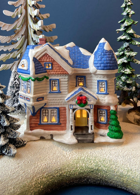 Blue Roofed Victorian Cottage. Porcelain Illuminated Christmas Village Building with Blue Roof. Home or Retail Alternative Holiday Decor.