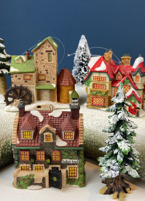 Set of 3 Tree Ornaments by Dept 56. Porcelain Hand Painted Bldgs.: Dedlock Arms, Santa's Workshop, and Dickens'Village Mill. Home or Retail.