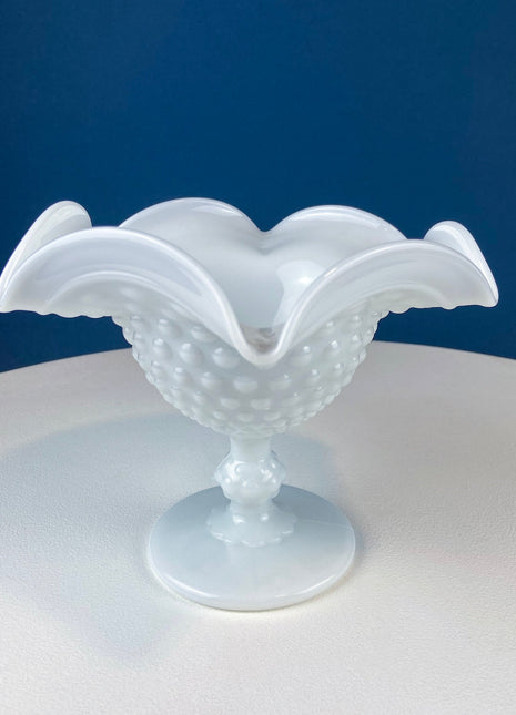 Milk Glass Footed Bowl Shaped like Hibiscus. White Glass Compote with Hobnail Pattern and Scalloped/Ruffled Rim. Serving Dish. Trinket Dish.