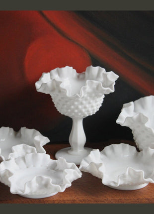Milk Glass Footed Bowl Shaped like Hibiscus. White Glass Compote with Hobnail Pattern and Scalloped/Ruffled Rim. Serving Dish. Trinket Dish.