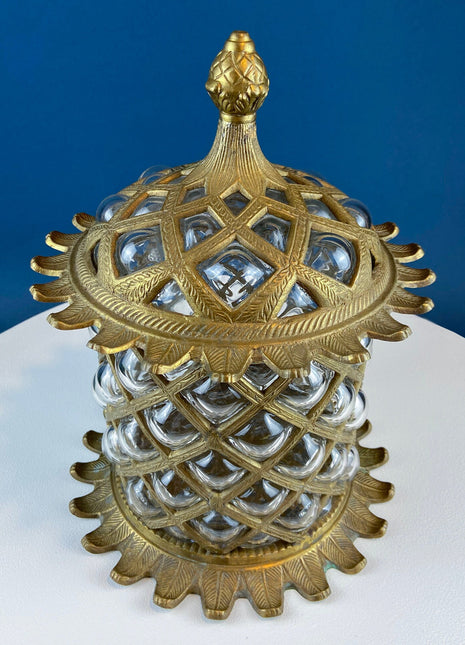 Art Deco Lead Crystal & Brass Heavy Urn with Bird Detail. Castilian Imports. Lidded Jar with Handles in the Shape of Fire Bird/Phoenix.