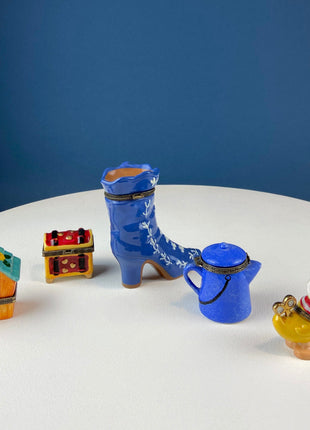 Cute Vintage Porcelain Pill Boxes. Miniature Bird House, Treasure Chest, Victorian Boot, Blue Pitcher, and Yellow Wind Up Duck. Gift for All