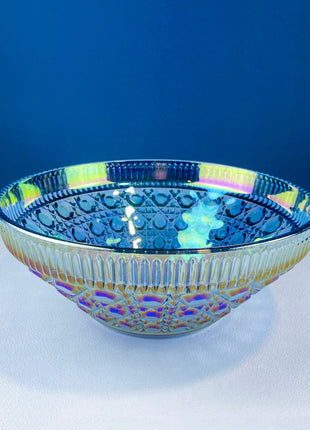 Iridescent Blue Carnival/Federal Glass Bowl. Large Stunning Iridized Serving Bowl. Windsor Button Pattern. Art Glass. Dining Room Decor.