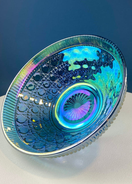 Iridescent Blue Carnival/Federal Glass Bowl. Large Stunning Iridized Serving Bowl. Windsor Button Pattern. Art Glass. Dining Room Decor.