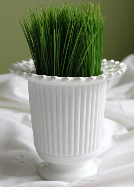 Antique Atterbury Milk Glass Ribbed Vase Planter with Sailor Lace Rim