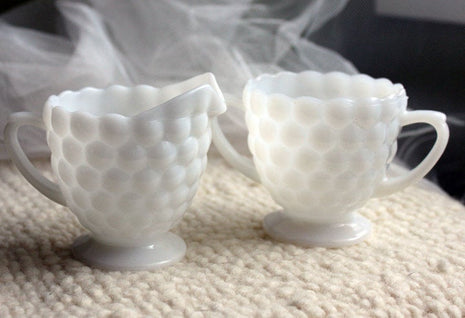 Hobnail Milk Glass Creamer and Sugar Bowl Set with Handles