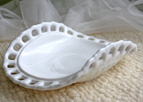 Milk Glass Banana Bowl with Lacy Rim. Beautiful Dish for Storage or Serving Bananas.