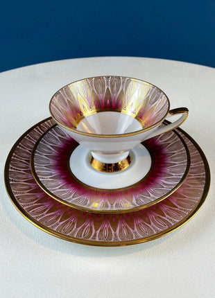 Antique Bavarian Porcelain Tea Trio. Winterling Roslaw. Cup, Saucer, and Dessert Plate in Gold and Pink. Modern Lotus Pattern.