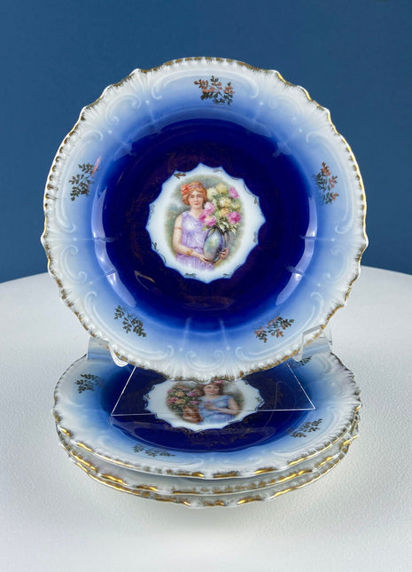 6" Salad or Dessert Plates. Set of Four Antique Royal Bavarian, Hand Painted Cobalt Blue With Women Holding Flowers. Collectible Porcelain.