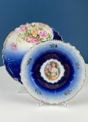 6" Salad or Dessert Plates. Set of Four Antique Royal Bavarian, Hand Painted Cobalt Blue With Women Holding Flowers. Collectible Porcelain.