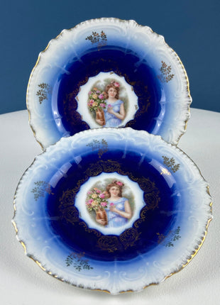 6" Salad or Dessert Plates. Set of Four Antique Royal Bavarian, Hand Painted Cobalt Blue With Women Holding Flowers. Collectible Porcelain.