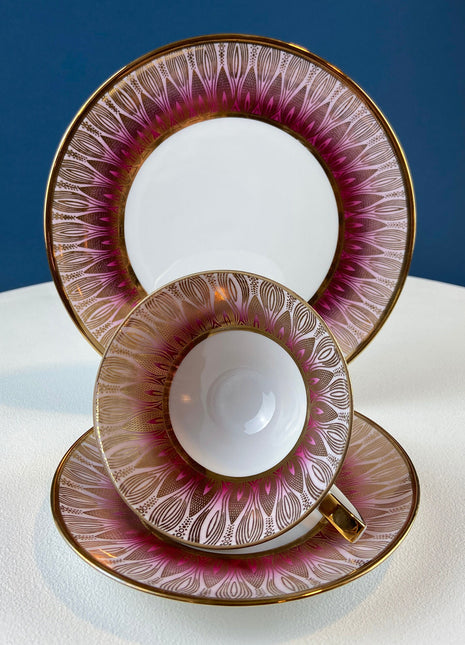 Antique Bavarian Porcelain Tea Trio. Winterling Roslaw. Cup, Saucer, and Dessert Plate in Gold and Pink. Modern Lotus Pattern.