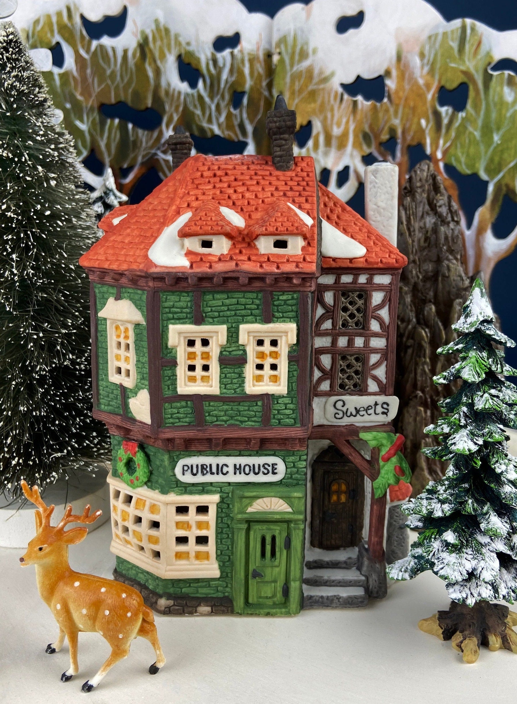 Christmas Village House by Dept 56. Illuminated Public House. Sweets.  Dickens Village Series. Made in Taiwan. Christmas Village/Diorama.