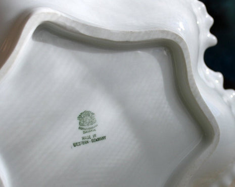 Vintage Porcelain Bowl.  Shallow Bowl with Deeply Scalloped and Ruffled Edge.  Decorative Dish with 22 Karat Golden Rim and Handle.