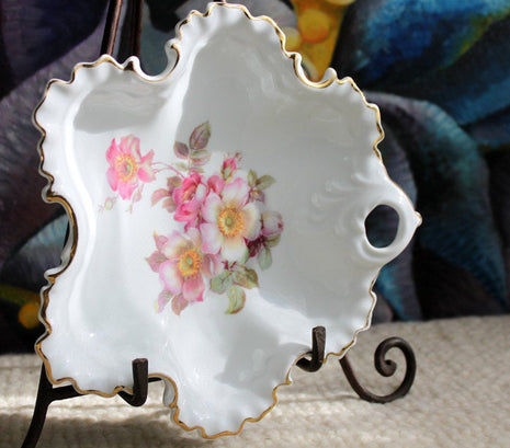 Vintage Porcelain Bowl.  Shallow Bowl with Deeply Scalloped and Ruffled Edge.  Decorative Dish with 22 Karat Golden Rim and Handle.