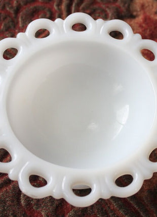Milk Glass Footed Shallow Bowl or Compote with Lacy Rim