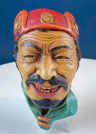 Vintage Bosson Like Chalkware Head of Pancho Villa. Life Like Caricature of Spanish Man in Red Sombrero. Ethnic Wall Hanging. Collect